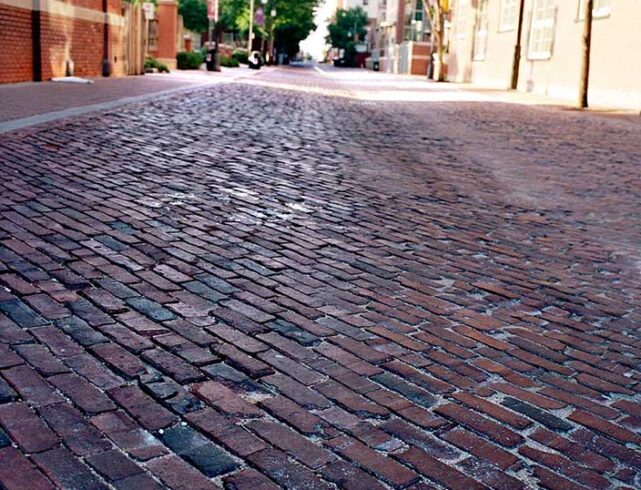 Old Town in Wichita, KS: Reclaimed clay pavers/interlocking concrete pavers